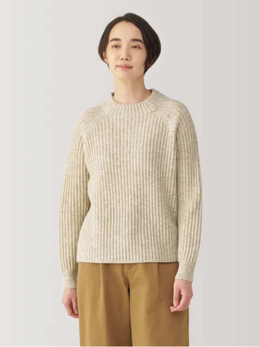 MUJI Andes Heathered Oat Wool Mock Neck Sweater Size XS